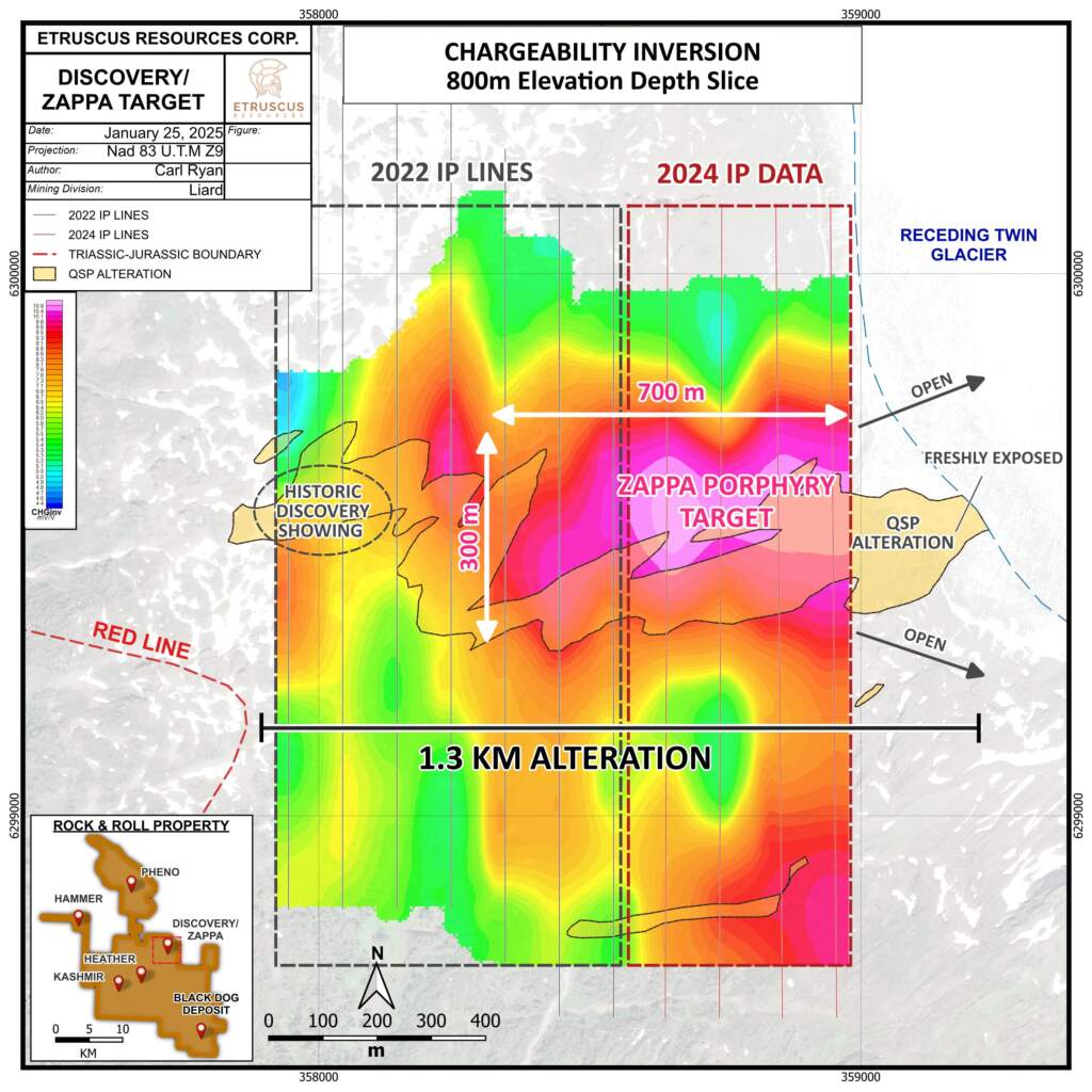 Figure 1: Plan view map of Discovery – Zappa trend demonstrating new IP results.