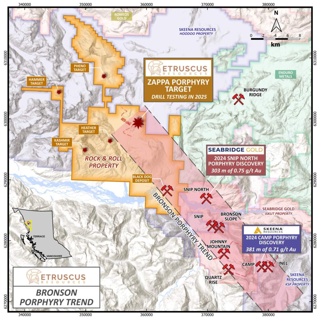 Figure 3: Map of emerging Bronson porphyry trend including new discoveries from 2024